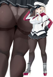 Rule 34 | 1girl, absurdres, ass, black gloves, black skirt, blonde hair, breasts, full body, gloves, graf zeppelin (kancolle), hair between eyes, hand on own hip, hat, high heels, highres, jacket, kantai collection, large breasts, long hair, long sleeves, looking at viewer, maruyaa (malya1006), multicolored clothes, multicolored jacket, multiple views, panties, pantyhose, peaked cap, pleated skirt, red jacket, sidelocks, simple background, skirt, standing, striped clothes, striped skirt, twintails, two-tone jacket, underwear, white background, white jacket, white panties