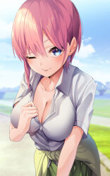 Rule 34 | 1girl, blue eyes, blurry, blurry background, blush, breasts, cleavage, collarbone, collared shirt, day, dress shirt, go-toubun no hanayome, green skirt, grey shirt, hair between eyes, highres, looking at viewer, medium breasts, nakano ichika, outdoors, pleated skirt, school uniform, shirt, short sleeves, skirt, slope (check238), solo, tongue, tongue out, upper body, wing collar