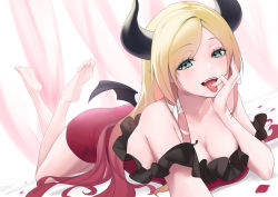 Rule 34 | 1girl, barefoot, bat tattoo, bed sheet, blonde hair, bob-the-bison, breast tattoo, breasts, cleavage, colored tips, curtains, demon horns, demon wings, dress, elbow rest, frilled dress, frills, gradient hair, green eyes, head rest, highres, hololive, horns, long hair, looking at viewer, lying, multicolored hair, off-shoulder dress, off shoulder, on stomach, open mouth, red dress, red hair, solo, tattoo, teeth, the pose, tongue, tongue out, upper teeth only, virtual youtuber, wings, yuzuki choco