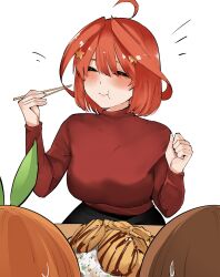 Rule 34 | 3girls, :t, ^ ^, ahoge, alternate costume, alternate hair length, alternate hairstyle, blush, breasts, casual, chopsticks, clenched hand, closed eyes, closed mouth, commentary, cowboy shot, eating, eyebrows hidden by hair, go-toubun no hanayome, hair between eyes, hair ornament, hands up, highres, holding, holding chopsticks, large breasts, long sleeves, mame1645, medium hair, multiple girls, nakano itsuki, nakano miku, nakano yotsuba, quintuplets, red hair, red shirt, shirt, siblings, simple background, sisters, solo focus, star (symbol), star hair ornament, straight-on, straight hair, sweatdrop, white background