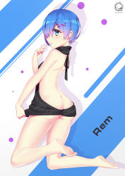 Rule 34 | 10s, 1girl, alternate costume, backless outfit, bare back, bare shoulders, black sweater, blue eyes, blue hair, breasts, character name, clothes pull, dress, from behind, full body, hair ornament, hair over one eye, hair ribbon, halterneck, kneeling, lips, looking at viewer, medium breasts, meme attire, naked sweater, pink ribbon, re:zero kara hajimeru isekai seikatsu, rem (re:zero), revealing clothes, ribbed sweater, ribbon, short hair, sideboob, solo, sweater, sweater dress, sweater pull, turtleneck, turtleneck sweater, violetsang, virgin killer sweater, x hair ornament