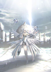 Rule 34 | 1girl, absurdres, angel wings, bare shoulders, cityscape, dress, grey eyes, halo, highres, holding, holding staff, liv: empyrea (punishing: gray raven), liv: empyrea (wings of dawn) (punishing: gray raven), liv (punishing: gray raven), long hair, mechanical arms, mechanical halo, mechanical legs, mechanical wings, multiple wings, nameless neet, non-humanoid robot, punishing: gray raven, robot, sidelocks, staff, tattoo, white dress, white hair, wings