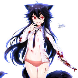 Rule 34 | 1girl, :q, ahoge, animal ear fluff, animal ears, black hair, black necktie, blood, blood on clothes, blood on face, blouse, breasts, chinese commentary, closed mouth, collared shirt, commentary, cowboy shot, dated, ejami, ekko (ejami), finger to mouth, fox ears, fox girl, fox tail, hair between eyes, holding, holding knife, kitchen knife, knife, long hair, long sleeves, navel, necktie, no bra, no pants, open clothes, open shirt, original, panties, pink panties, red eyes, shaded face, shirt, signature, simple background, small breasts, smile, solo, stomach, tail, thigh gap, tongue, tongue out, underwear, very long hair, white background, white shirt, yandere