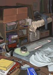 Rule 34 | 1boy, absurdres, arm at side, bad id, bad pixiv id, bed sheet, bedroom, black eyes, black hair, box, cable, cardboard box, charging device, commentary request, controller, cup, depressed, futon, grey pajamas, grey pants, grey skirt, head on pillow, highres, indoors, laundry, male focus, messy room, mug, original, pajamas, pants, phone, pillow, planking, power strip, remote control, skirt, solo, tissue box, turquoise iro