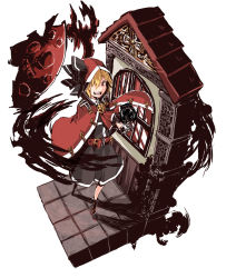 Rule 34 | 1girl, alternate costume, belt, blonde hair, cape, faux figurine, from above, full moon, hair over one eye, highres, hood, isometric, moon, open mouth, red eyes, red hood, rumia, solo, teeth, the maa, touhou, white background