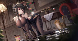 Rule 34 | 1girl, absurdres, all fours, anal, anal object insertion, anal tail, animal ears, antique phone, ass, ass cutout, azur lane, black dress, black flower, black hair, black rose, bodystocking, breasts, brown gloves, butt plug, cat, chair, checkered floor, chen hai (azur lane), chen hai (vestibule of wonders) (azur lane), china dress, chinese clothes, clothes writing, clothing cutout, corded phone, dress, elbow gloves, fake animal ears, fake tail, flower, full body, gloves, highres, holding, holding tray, indoors, jfzm001, lace, lace-trimmed gloves, lace trim, lamppost, large breasts, manjuu (azur lane), object insertion, official alternate costume, pelvic curtain, phone, rabbit ears, rabbit tail, red eyes, reflective floor, rose, rotary phone, sex toy, tail, taut clothes, taut dress, tight clothes, tight dress, translation request, tray