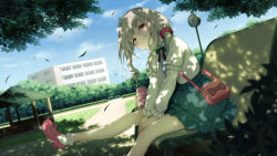 Rule 34 | 1girl, bag, bench, blue skirt, blush, bobby socks, bow, brown eyes, building, bush, cloud, commentary request, day, grey hair, hair ornament, hair scrunchie, hairband, leaf, long hair, long sleeves, looking at viewer, open clothes, original, outdoors, pink footwear, pokachu, scrunchie, shade, shirt, sitting, skirt, sky, smile, socks, solo, tree, white hairband, white socks