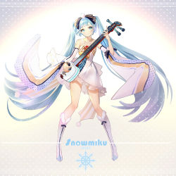 Rule 34 | 1girl, 2020, blue eyes, blue hair, boots, character name, collarbone, detached sleeves, dress, floating hair, frilled dress, frills, full body, fur boots, hatsune miku, head tilt, highres, holding, holding instrument, instrument, knee boots, long hair, long sleeves, looking at viewer, orry, short dress, sleeveless, sleeveless dress, smile, solo, standing, very long hair, vocaloid, white dress, white footwear, white sleeves, wide sleeves, yuki miku, yuki miku (2020) (applicant)