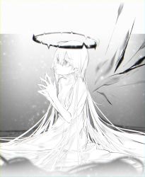 Rule 34 | 1girl, absurdly long hair, absurdres, bad id, bad pixiv id, bare shoulders, blurry, blurry foreground, collarbone, detached wings, dress, fingernails, greyscale, hair between eyes, halo, highres, huge filesize, long hair, monochrome, original, sitting, sparkle, very long hair, white theme, wings, yonemuro
