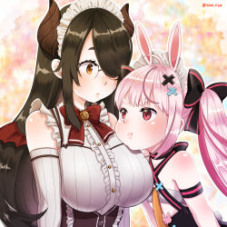 Rule 34 | 2girls, animal ears, bare shoulders, black bow, black hair, bow, breasts, closed mouth, commentary, demon girl, demon horns, demon wings, detached sleeves, flat chest, freckles, frilled shirt, frills, gradient background, hair ornament, hair over one eye, hairclip, highres, horns, indie virtual youtuber, itou life (vtuber), large breasts, long hair, looking at another, maid headdress, minatsuki lisa, multicolored hair, multiple girls, orange hair, pink hair, pout, rabbit ears, rabbit girl, rabbit tail, red bow, shirt, tail, thick eyebrows, tomari mari, twintails, two-tone hair, virtual youtuber, wings