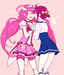 Rule 34 | 10s, 2girls, ahoge, bike shorts, blush, bow, closed eyes, cure happy, drill hair, dual persona, happy, heart, holding hands, hoshizora miyuki, multiple girls, open mouth, pink background, pink bow, pink hair, pink shorts, pink skirt, pink theme, precure, sahara (charlotte), school uniform, shorts, simple background, skirt, smile, smile precure!, twintails