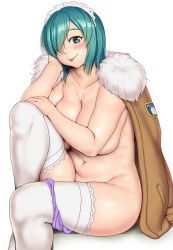Rule 34 | 1girl, :p, aqua hair, blush, breasts, cleavage, closed mouth, collarbone, commentary request, feet out of frame, fur trim, green eyes, hair between eyes, head on hand, head tilt, highres, jacket, large breasts, looking at viewer, maid headdress, medium hair, my maid (orizen), navel, original, orizen, panties, plump, shadow, simple background, sitting, solo, straight hair, thick arms, thick thighs, thighhighs, thighs, tongue, tongue out, underwear, white background, white thighhighs