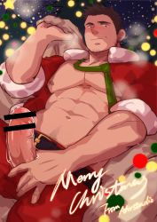 Rule 34 | 1boy, abs, absurdres, bar censor, bara, bare pectorals, blush, censored, christmas, cowboy shot, erection, facial hair, from below, fur-trimmed jacket, fur trim, hand on penis, highres, jacket, large pectorals, looking at viewer, male focus, masayoshi togashi (alu379), mature male, merry christmas, muscular, muscular male, navel, navel hair, necktie, unworn necktie, nipples, open clothes, open jacket, original, pants, pectorals, penis, penis grab, precum, red jacket, red pants, santa costume, short hair, sideburns, sleeves rolled up, solo, stomach, stubble, thick thighs, thighs, veins, veiny penis