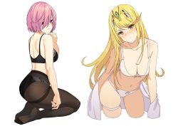 Rule 34 | 2girls, absurdres, bad id, bad pixiv id, black bra, black legwear, black panties, blonde hair, blush, bra, breasts, brown eyes, chinese commentary, cleavage, contrapposto, cropped legs, crotch seam, embarrassed, fate/grand order, fate (series), from side, goumudan, hair over one eye, hairband, highres, kneeling, large breasts, leaning forward, long hair, looking at viewer, mash kyrielight, multiple girls, mythra (xenoblade), navel, nintendo, panties, panties under pantyhose, pantyhose, pink hair, purple eyes, short hair, simple background, skindentation, swept bangs, thigh strap, thighband pantyhose, underwear, underwear only, wavy mouth, white background, white bra, white panties, xenoblade chronicles (series), xenoblade chronicles 2