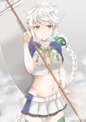 Rule 34 | 10s, 1girl, asymmetrical hair, bad id, bad pixiv id, braid, breasts, cleavage cutout, clothing cutout, cloud print, crop top, female focus, gradient background, green thighhighs, groin, hair ornament, kantai collection, large breasts, long hair, looking at viewer, midriff, miniskirt, navel, onmyouji, pinta (ayashii bochi), short sleeves, silver background, silver hair, single braid, skirt, smile, solo, staff, standing, stomach, thighhighs, unryuu (kancolle), very long hair, wavy hair, yellow eyes, zettai ryouiki