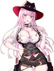 Rule 34 | 1girl, breasts, button gap, choker, cleavage, collarbone, collared shirt, corset, cowboy, cowboy hat, gun, handgun, hat, highres, hololive, hololive english, holster, kamiya maneki, large breasts, long hair, long sleeves, looking at viewer, midriff, mori calliope, mori calliope (sheriff), official alternate costume, pink eyes, pink hair, red eyes, revolver, sheriff badge, shirt, shorts, simple background, skindentation, solo, star (symbol), sweat, thick thighs, thigh gap, thigh strap, thighs, very long hair, vest, virtual youtuber, weapon, western, white background, white shirt