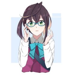 Rule 34 | 10s, 1girl, bad id, bad twitter id, blouse, blue-framed eyewear, dress, glasses, green eyes, kantai collection, long sleeves, looking at viewer, morinaga miki, multicolored hair, okinami (kancolle), open mouth, ribbon, shirt, short hair, simple background, solo, white shirt