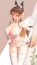 Rule 34 | 1girl, absurdres, animal ear fluff, animal ears, arknights, bare shoulders, bikini, breasts, brown eyes, brown hair, cameltoe, chinese commentary, cleavage, cleft of venus, collar, commentary request, cowboy shot, elbow gloves, fox ears, fox tail, franka (arknights), frills, garter belt, gloves, gluteal fold, hand on own hip, highres, laoan, large breasts, long hair, looking at viewer, navel, panties, panties over garter belt, smile, solo, standing, stomach, swimsuit, tail, thighhighs, thighs, underwear, very long hair, white bikini, white collar, white gloves, white panties, white thighhighs