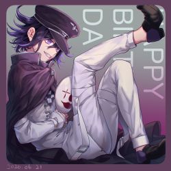 Rule 34 | 1boy, black cape, black hair, black hat, border, brown footwear, cape, checkered clothes, checkered scarf, commentary request, danganronpa (series), danganronpa v3: killing harmony, dated, fang, from side, grin, hair between eyes, happy birthday, hat, highres, holding, holding mask, jacket, leg up, long sleeves, male focus, mask, nanin, oma kokichi, pants, pink border, purple eyes, purple hair, scarf, shoes, short hair, sitting, smile, solo, straitjacket, teeth, unworn mask, white jacket, white pants