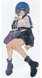 Rule 34 | 1girl, bag, black footwear, black shirt, black shorts, blue eyes, blue hair, blush, boots, chinese commentary, commentary request, hand up, highres, holding, holding bag, invisible chair, kiritani haruka, long sleeves, parted lips, project sekai, shirt, short hair, shorts, simple background, sitting, solo, uminokaisen, white background, white shirt