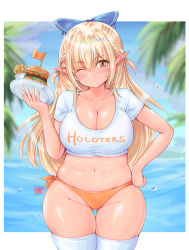 Rule 34 | 1girl, absurdres, blonde hair, blush, breasts, burger, cleavage, dark-skinned female, dark skin, elf, food, french fries, highres, hololive, hooters, large breasts, looking at viewer, midriff, navel, one eye closed, orange eyes, plump, pointy ears, shiranui flare, skindentation, smile, solo, thighhighs, tong shui, virtual youtuber, wink