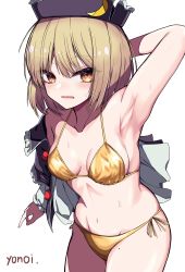 Rule 34 | 1girl, absurdres, artist name, bikini, black hat, blonde hair, blush, breasts, collarbone, cowboy shot, frilled hat, frills, groin, hat, highres, long sleeves, lunasa prismriver, navel, open mouth, short hair, simple background, small breasts, solo, swimsuit, touhou, white background, yellow bikini, yellow eyes, yonoisan