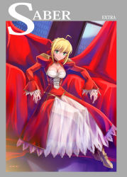 Rule 34 | 10s, 1girl, ahoge, binary, blonde hair, breasts, cleavage, dress, epaulettes, fate/extra, fate/stay night, fate (series), female focus, full body, green eyes, hair ribbon, indoors, nero claudius (fate), nero claudius (fate) (all), nero claudius (fate/extra), ribbon, see-through, shirotsumekusa, sitting, smile, solo