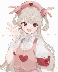 Rule 34 | 1girl, absurdres, apron, armband, bandaged wrist, bandages, bobby pin, brown hair, cross, eyelashes, fang, frills, grey background, hair ornament, hat, heart, heart print, highres, holding, holding heart, light brown hair, long hair, looking at viewer, mono 02, natori sana, nurse, nurse cap, open mouth, pink hat, puffy sleeves, rabbit hair ornament, red armband, red eyes, sana channel, simple background, skin fang, smile, solo, twintails, virtual youtuber