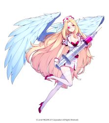 Rule 34 | 1girl, absurdres, angel girl, angel wings, blonde hair, character request, copyright request, fingercat, full body, highres, holding, holding syringe, hwansang, long hair, nurse, official art, pink eyes, pointy ears, solo, syringe, weapon, white background, wings