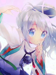 Rule 34 | 1girl, blue eyes, female focus, finger to mouth, gradient background, hat, japanese clothes, leaning forward, looking at viewer, mononobe no futo, namie-kun, petals, purple background, short hair, silver hair, smile, solo, tate eboshi, touhou, upper body, white background, wide sleeves