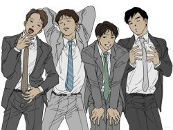 Rule 34 | 4boys, ;), arms behind head, bad id, bad twitter id, bent over, black hair, blue necktie, closed eyes, commentary request, cowboy shot, formal, green necktie, male focus, multiple boys, necktie, one eye closed, original, parted lips, salaryman, short hair, simple background, smile, suit, tongue, tongue out, white background