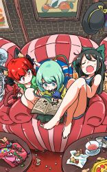 3girls alternate_costume animal_ears black_hair blush book casual cat_ears cat_girl closed_eyes commentary_request cup extra_ears food green_hair highres indoors kaenbyou_rin komeiji_koishi mouse_(animal) multiple_girls open_mouth reading red_hair reiuji_utsuho sitting teacup teeth third_eye touhou upper_teeth_only zk_(zk_gundan)