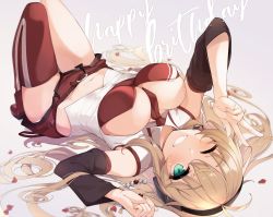 Rule 34 | 1girl, absurdres, antenna hair, birthday, blonde hair, boots, breasts, cleavage, detached sleeves, green eyes, happy birthday, highres, jovejun, large breasts, long hair, looking at viewer, lying, navel, necktie, on back, one eye closed, red footwear, red necktie, red thighhighs, short shorts, shorts, single thighhigh, smile, solo, thighhighs, tsurumaki maki, upside-down, v, very long hair, voiceroid