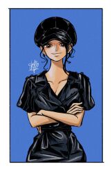Rule 34 | 1girl, black hat, blue background, border, brown eyes, commentary, crossed arms, hair bun, hat, highres, looking at viewer, loose hair strand, nico robin, one piece, sherumaru (korcht06), sidelocks, smile, solo, upper body, white border