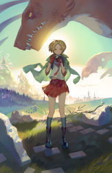 Rule 34 | 1girl, bad id, bad pixiv id, blonde hair, blue socks, boots, bright pupils, camera, castle, closed mouth, dragon, fantasy, grass, green jacket, hands up, holding, holding camera, jacket, jacket on shoulders, long sleeves, looking at viewer, mountain, original, outdoors, parted bangs, pleated skirt, red eyes, red sailor collar, red skirt, sailor collar, school uniform, serafuku, shirt, skirt, smile, socks, solo, standing, sun, valley, white shirt, yamakawa