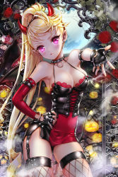 Rule 34 | 1girl, bad id, bad pixiv id, blonde hair, blush, breasts, cinia pacifica, cocoon (loveririn), fake horns, fingerless gloves, flower, garter straps, gloves, hand on own hip, horns, large breasts, lips, long hair, looking at viewer, pink eyes, ponytail, red flower, red rose, rose, solo, sword girls, thighhighs, very long hair