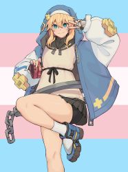 Rule 34 | 1boy, :3, absurdres, androgyne symbol, aqua eyes, bike shorts, bike shorts under skirt, black bow, black ribbon, black shorts, black skirt, blonde hair, blue eyes, blue footwear, blue jacket, blue nails, boots, bow, bridget (guilty gear), chain, closed mouth, commentary, drawstring, english commentary, fingerless gloves, foot out of frame, gloves, green eyes, guilty gear, guilty gear strive, hair between eyes, highres, hood, hood up, hooded jacket, hoodie, jacket, jaggy lines, knee up, lgbt pride, long hair, long sleeves, looking at viewer, male focus, miniskirt, multicolored clothes, multicolored hoodie, multicolored nails, nail polish, open clothes, pas (paxiti), pink nails, platform footwear, pleated skirt, puffy long sleeves, puffy sleeves, raglan sleeves, ribbon, shorts, shorts under skirt, skirt, smile, socks, solo, split mouth, transgender flag, trap, v, white nails, white sleeves, white socks, yo-yo, zipper, zipper pull tab