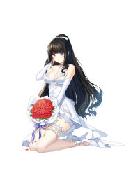 Rule 34 | 1girl, :o, adjusting hair, ankle bow, ankle ribbon, bai winchester, bare shoulders, black hair, blunt bangs, bouquet, bow, braid, breasts, bridal gauntlets, cleavage, closers, clothing cutout, dress, flower, french braid, full body, garter straps, hair bow, hand up, heterochromia, high heels, highres, holding, holding bouquet, kneeling, lace, lace-trimmed dress, lace-trimmed thighhighs, lace trim, leg ribbon, long hair, looking at viewer, medium breasts, official art, pencil dress, petals, pink eyes, ponytail, purple bow, purple eyes, red flower, red rose, ribbon, rose, see-through, see-through cleavage, short dress, sidelocks, sleeveless, sleeveless dress, solo, tachi-e, thighhighs, underboob cutout, very long hair, wedding dress, white background, white bow, white bridal gauntlets, white dress, white footwear, white thighhighs