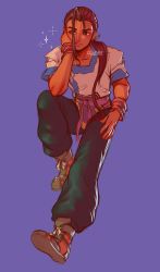 Rule 34 | 1boy, fei fong wong, full body, highres, issycake, long hair, male focus, pants, ponytail, purple background, shoes, signature, single hair intake, solo, xenogears