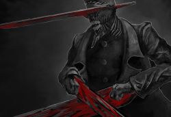 Rule 34 | blood, bloody weapon, chainsaw man, coat, grey background, highres, hybrid, katana man (chainsaw man), kishima (ki123454321), long sleeves, monochrome, no eyes, open mouth, simple background, solo, teeth, trench, trench coat, weapon