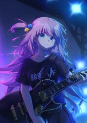 Rule 34 | 1girl, absurdres, aeon ion, black shirt, black skirt, blue eyes, bocchi the rock!, closed mouth, clothes writing, commentary request, cube hair ornament, electric guitar, gotoh hitori, guitar, hair ornament, highres, holding, holding instrument, instrument, long hair, one side up, pink hair, pleated skirt, shirt, short sleeves, skirt, solo, very long hair
