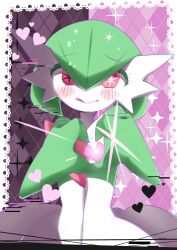 Rule 34 | + +, 1girl, :&gt;, absurdres, argyle, argyle background, argyle clothes, bob cut, border, closed mouth, colored skin, creatures (company), female focus, flat chest, game freak, gardevoir, gen 3 pokemon, glitch, green hair, green skin, hair between eyes, hands up, heart, heart hands, highres, licking lips, looking at viewer, m3 (gardevoir m3), multicolored skin, nintendo, oshi no ko, outside border, pink background, pokemon, pokemon (creature), purple background, raised eyebrows, red eyes, short hair, solo, sparkle, standing, straight-on, tongue, tongue out, two-tone background, two-tone skin, upper body, white border, white skin