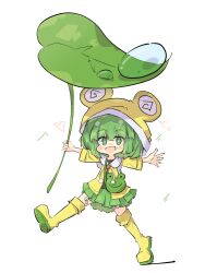 Rule 34 | 1girl, animal costume, bag, bandaid on thigh, blunt bangs, blush, boots, child, frog costume, frog hat, green footwear, green hair, green jacket, green skirt, handbag, heart, heart in mouth, highres, holding, holding leaf, jacket, leaf, leaf umbrella, motion lines, open hand, open mouth, original, pleated skirt, primsla, red shirt, rubber boots, shirt, short hair, simple background, skirt, sleeves past elbows, solo, split mouth, walking, water drop, white background