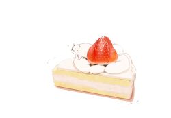 Rule 34 | ?, artist name, cat, chai (drawingchisanne), commentary request, food, food focus, fruit, highres, looking at viewer, no humans, original, shortcake, simple background, sitting on food, strawberry, white background