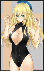 Rule 34 | 10s, 1girl, alternate costume, atago (kancolle), blonde hair, border, breasts, cleavage cutout, clothing cutout, cowboy shot, female focus, front zipper swimsuit, green eyes, hat, highres, isshiki (ffmania7), kantai collection, large breasts, looking at viewer, meme attire, one-piece swimsuit, simple background, smile, solo, swimsuit, twitter username