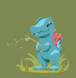 Rule 34 | artisadie, brown eyes, commentary, creature, creatures (company), dandelion, english commentary, fangs, flower, full body, game freak, gen 2 pokemon, grass, grey background, highres, holding, holding flower, nintendo, no humans, pokemon, pokemon (creature), simple background, solo, standing, totodile