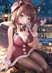 Rule 34 | 1girl, animal ears, antlers, bell, black pantyhose, blue eyes, blurry, blurry background, blush, breasts, brown hair, cellphone, choker, christmas, christmas present, cityscape, cleavage, closed mouth, deer ears, gift, hat, highres, holding, holding phone, horns, looking at viewer, medium breasts, mikeou, neck bell, night, on roof, original, outdoors, pantyhose, phone, reindeer antlers, santa costume, santa hat, sitting, sitting on roof, smartphone, smile, solo, winter