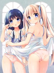 Rule 34 | 2girls, :&lt;, :o, ass, back, blonde hair, blue eyes, blue hair, blush, breasts, cleavage, covered erect nipples, from behind, hair ribbon, long hair, looking at viewer, looking back, low twintails, multiple girls, nipples, no pants, off shoulder, open mouth, original, panties, pink panties, ribbon, see-through, shirt, strap slip, suimya, twintails, underwear, very long hair, wet, wet clothes, wet panties, wet shirt