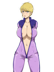Rule 34 | 1girl, areola slip, arms behind back, blonde hair, blue eyes, breasts, crowley hamon, female focus, gundam, highres, large breasts, legs apart, lento (glamour works), lipstick, makeup, messy hair, mobile suit gundam, pilot suit, simple background, standing, unzipped