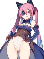 Rule 34 | 1girl, bad id, bad pixiv id, bare legs, bare shoulders, blue bow, blue bowtie, blue hair, blush, bow, bowtie, breasts, brown gloves, cowboy shot, detached collar, detached sleeves, eyepatch, facial mark, flashing, flat chest, floral print, from below, gloves, gradient hair, hair between eyes, hair ornament, half gloves, leaning back, legs apart, leotard, leotard pull, lifted by self, long hair, looking at viewer, looking down, mechanical ears, multicolored hair, muryotaro, one eye covered, original, palms, phantasy star, phantasy star online 2, pink eyes, pink hair, rose print, showgirl skirt, sidelocks, sigh, simple background, smirk, solo, standing, strapless, strapless leotard, twintails, underboob, very long hair, white background, x hair ornament